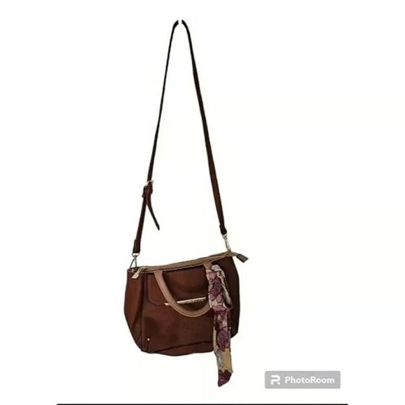 Steve Madden Women’s Brown Faux Leather Crossbody Bag Scarf Accent Preppy Chic - Picture 2 of 8
